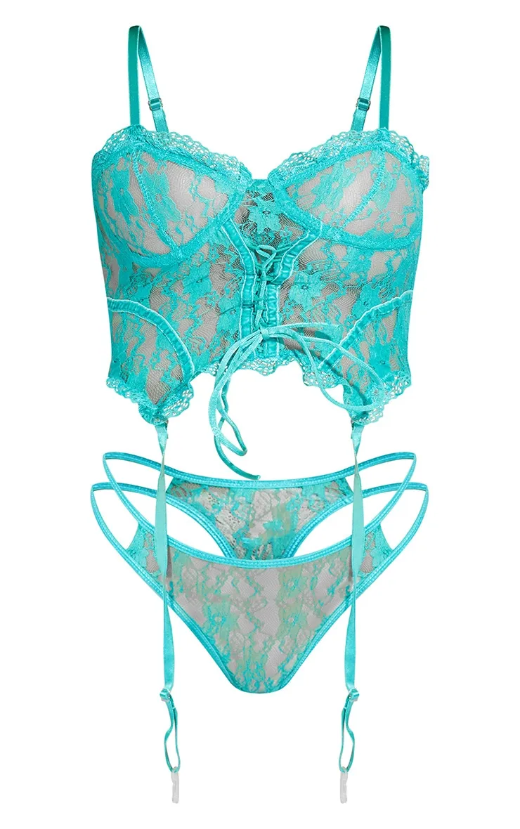 Emerald Green Frill Edge Lace Up Corset And Thong Lingerie Set sold by Pretty Little Thing product image thumbnail 5