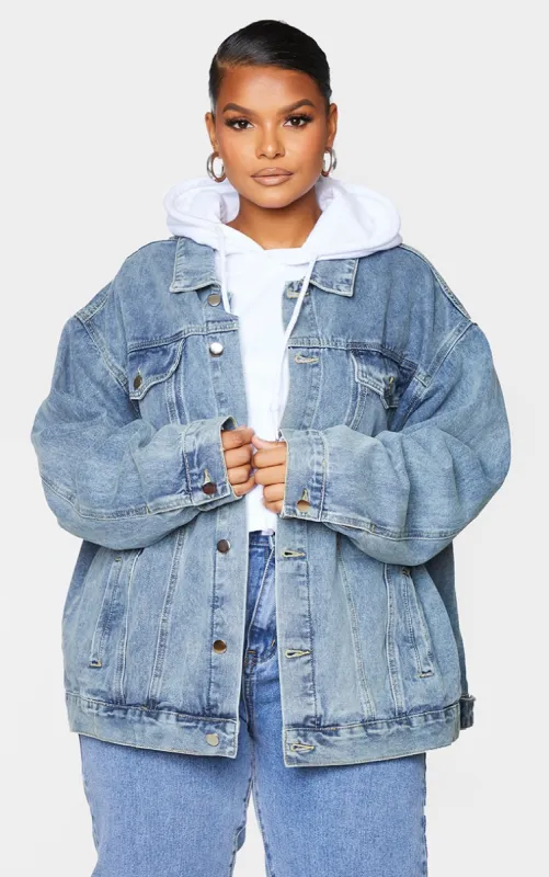 PRETTYLITTLETHING Plus Vintage Wash Oversized Boyfriend Denim Jacket sold by Pretty Little Thing