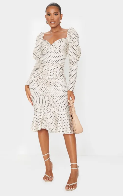 Nude Polka Dot Puff Sleeve Ruched Detail Frill Hem Midi Dress sold by Pretty Little Thing