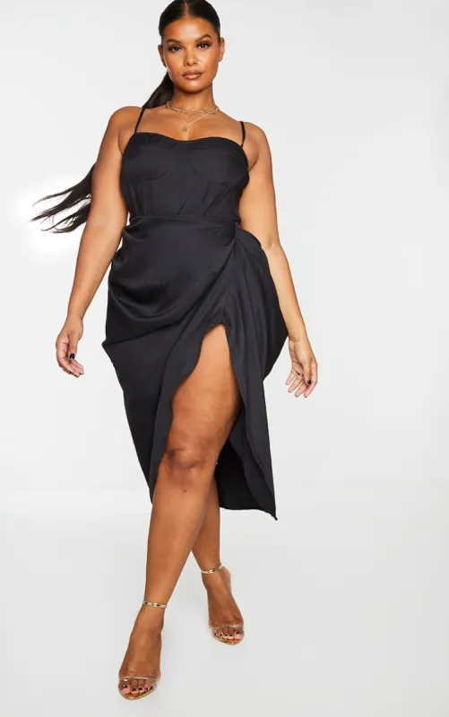 Plus Black Ruched Side Midi Skirt sold by Pretty Little Thing