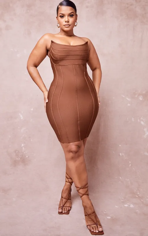 Plus Chocolate Brown Bandage Pointed Bandeau Panelled Bodycon Dress sold by Pretty Little Thing