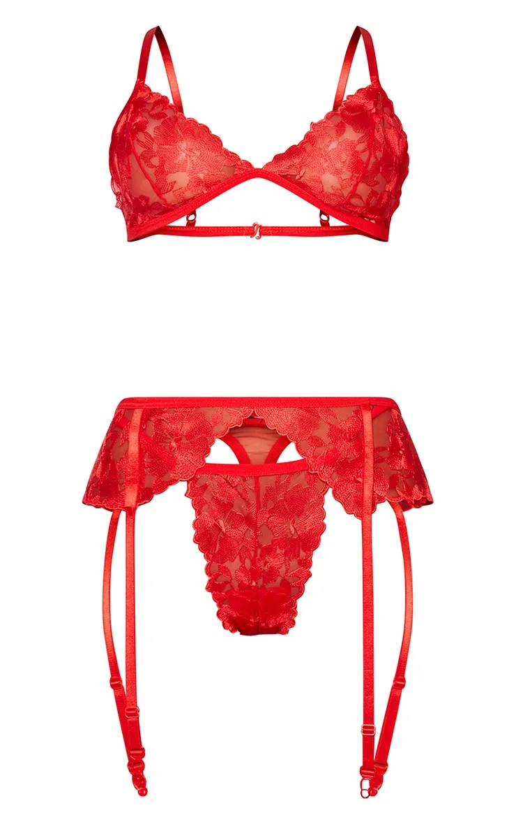 Red Floral Embroidered Lace 3 Piece Lingerie Set sold by Pretty Little Thing product image thumbnail 5