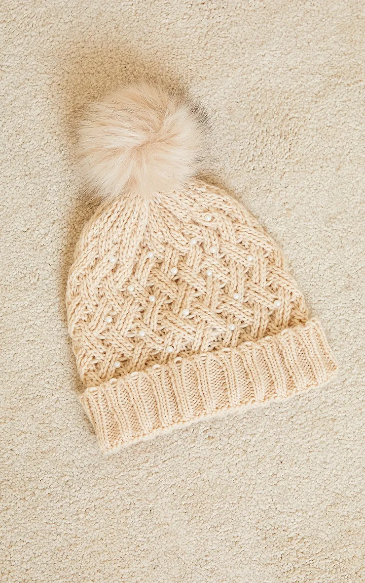 Cream Knit White Pearl Pom Pom Beanie sold by Pretty Little Thing product image thumbnail 2