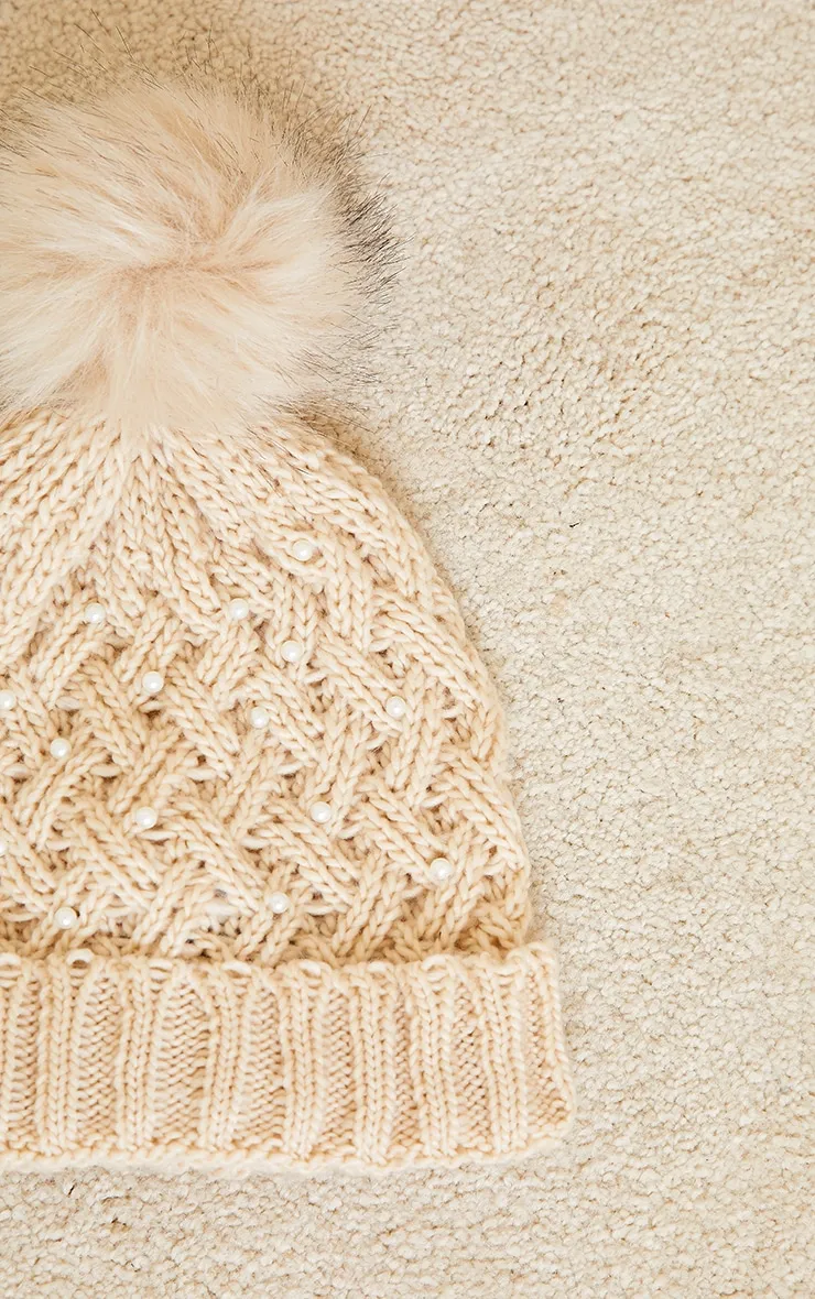 Cream Knit White Pearl Pom Pom Beanie sold by Pretty Little Thing product image thumbnail 3