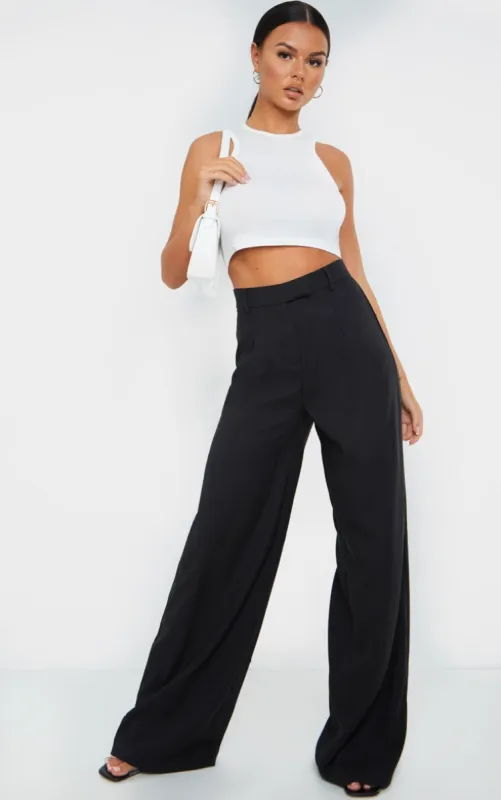 Black Woven Tailored Wide Leg Trousers sold by Pretty Little Thing