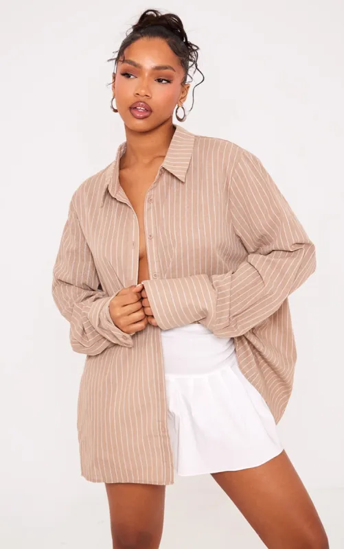 Beige Oversized Pinstripe Cuff Shirt made by Pretty Little Thing