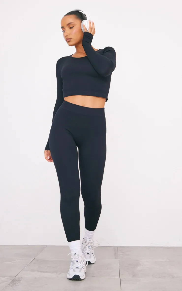 Black Structured Contour Ribbed Leggings sold by Pretty Little Thing