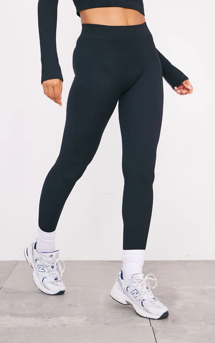 Black Structured Contour Ribbed Leggings sold by Pretty Little Thing product image thumbnail 2