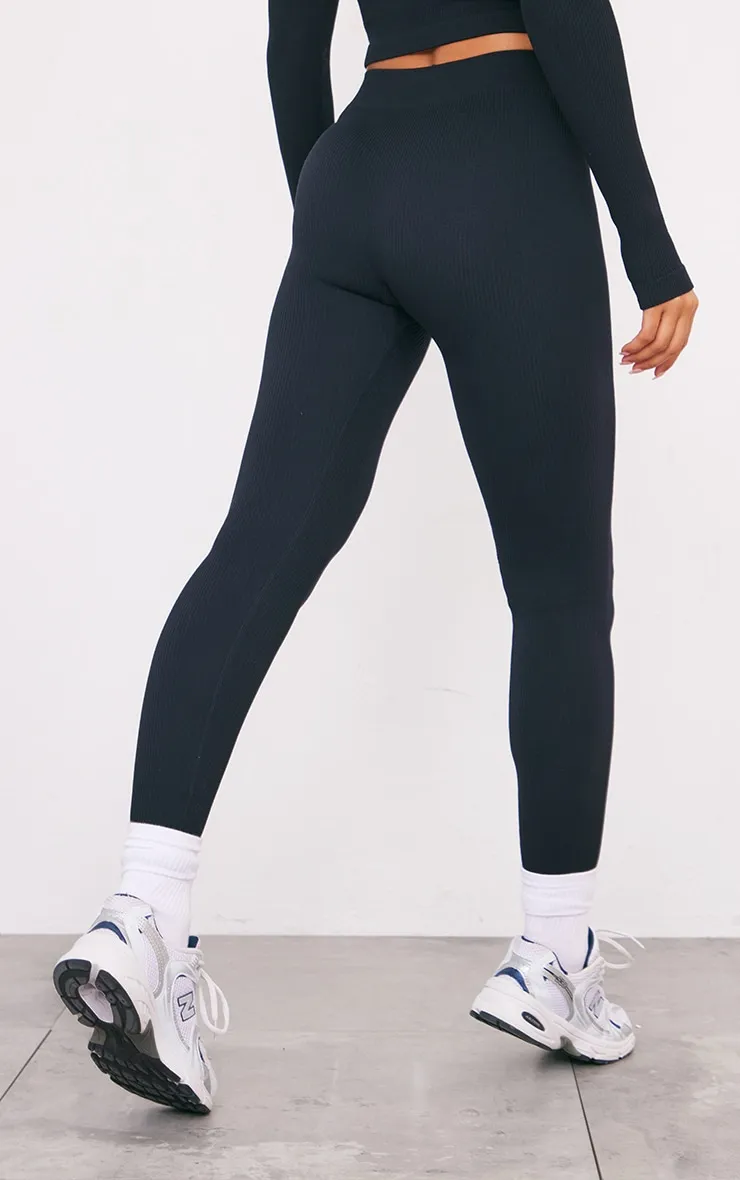 Black Structured Contour Ribbed Leggings sold by Pretty Little Thing product image thumbnail 3