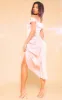 Champagne Satin Off The Shoulder Draped Skirt Midi Dress sold by Pretty Little Thing