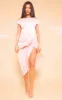 Champagne Satin Off The Shoulder Draped Skirt Midi Dress sold by Pretty Little Thing