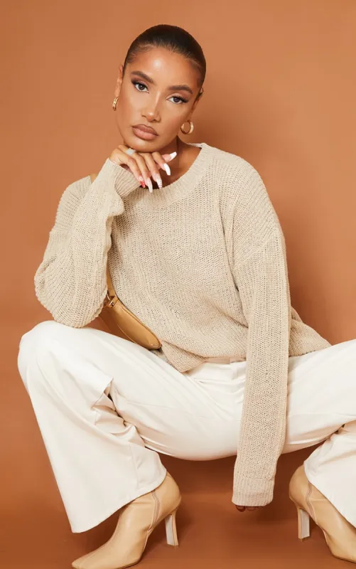 Stone Basic Crew Neck Knitted Jumper sold by Pretty Little Thing