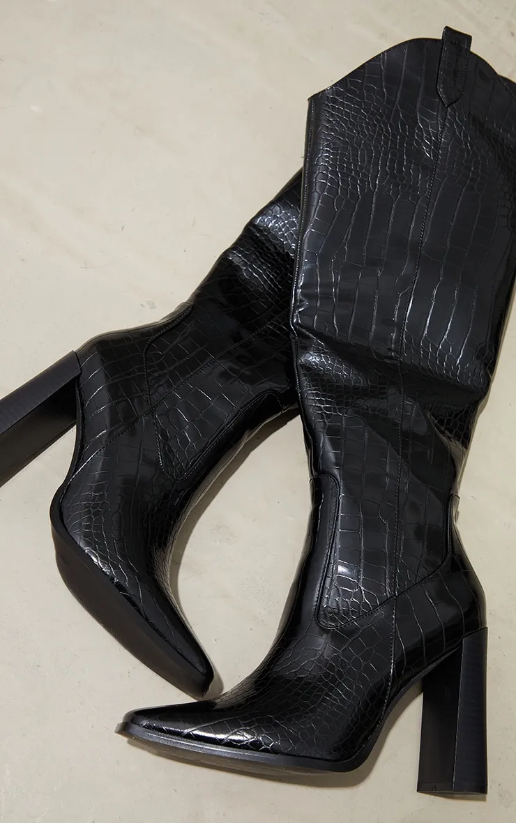 Black PU Croc Square Toe Curved Edge Knee High Boots sold by Pretty Little Thing product image thumbnail 3