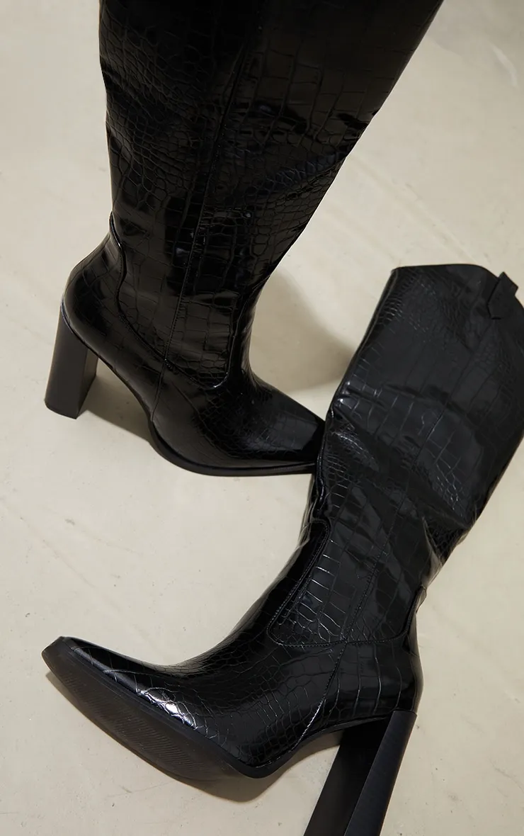 Black PU Croc Square Toe Curved Edge Knee High Boots sold by Pretty Little Thing product image thumbnail 4