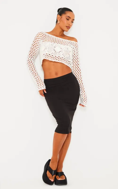 Black Basic Cotton Blend Jersey Midi Skirt sold by Pretty Little Thing