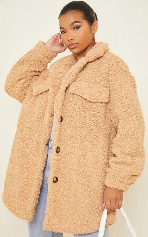 Camel Faux Shearling Oversized Longline Shacket sold by Pretty Little Thing