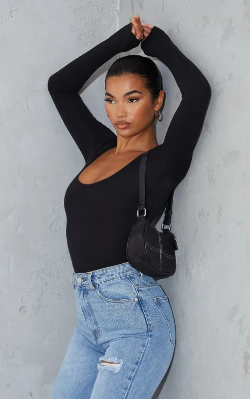 Basic Black Cotton Blend Scoop Neck Long Sleeve Bodysuit sold by Pretty Little Thing