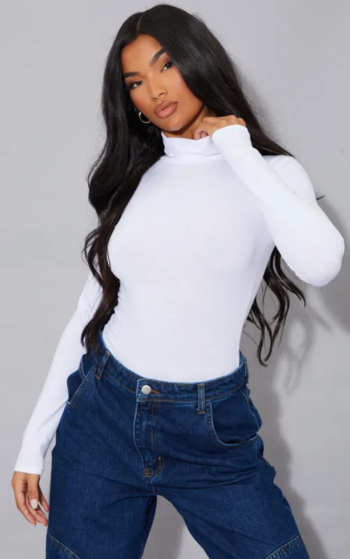 Basic White Cotton Blend Roll Neck Bodysuit sold by Pretty Little Thing