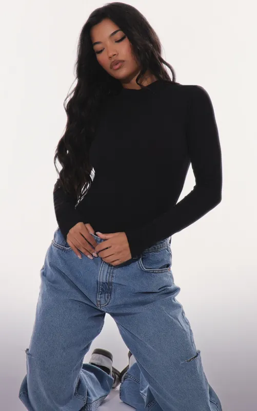 Basic Black Cotton Blend Roll Neck Bodysuit sold by Pretty Little Thing