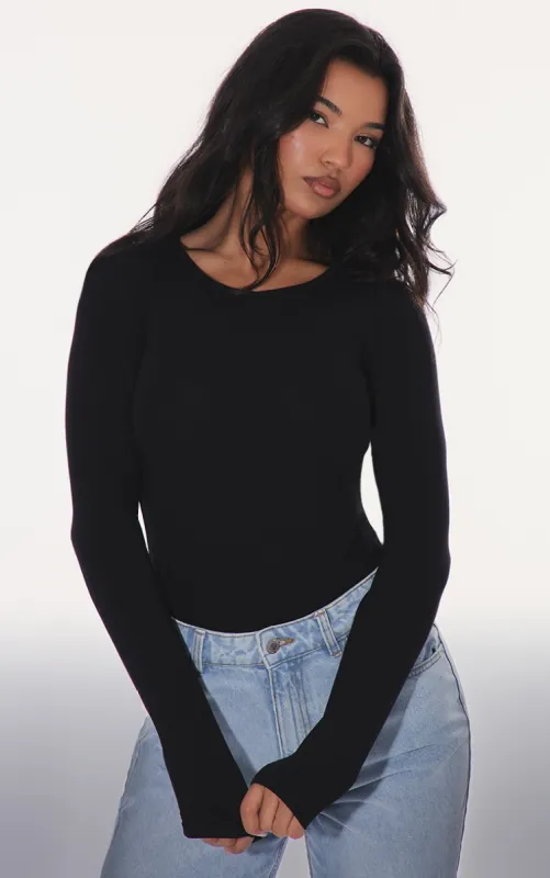 Basic Black Cotton Blend V Neck Long Sleeve Bodysuit sold by Pretty Little Thing