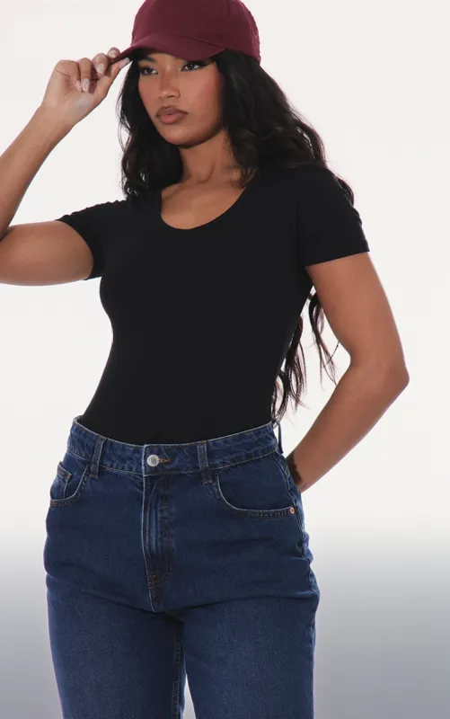Black Basic Cotton Blend V Neck Short Sleeve Bodysuit sold by Pretty Little Thing