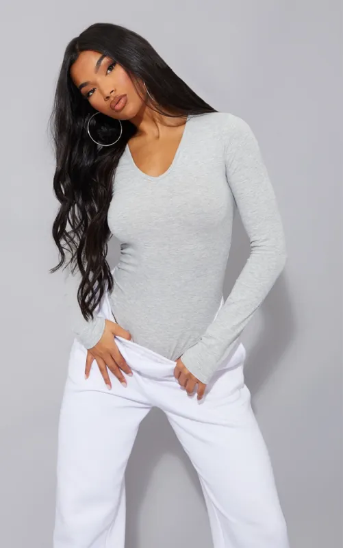 Basic Grey Marl Cotton Blend V Neck Long Sleeve Bodysuit sold by Pretty Little Thing