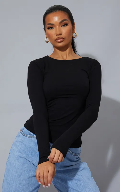 Black Basic Cotton Blend Long Sleeve Fitted T Shirt sold by Pretty Little Thing