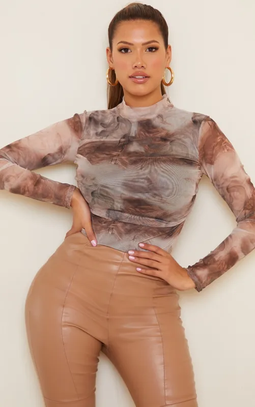 Shape Brown Smoke Print Mesh Ruched High Neck Bodysuit sold by Pretty Little Thing