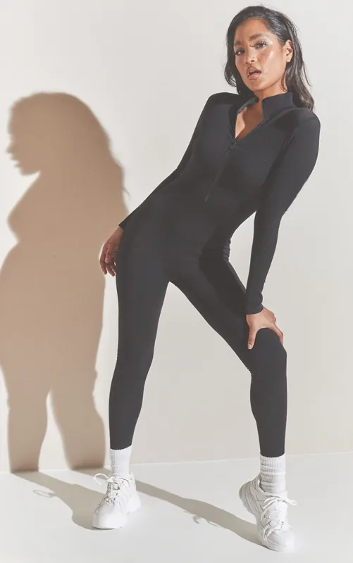 Black Structured Contour Rib Zip Jumpsuit sold by Pretty Little Thing
