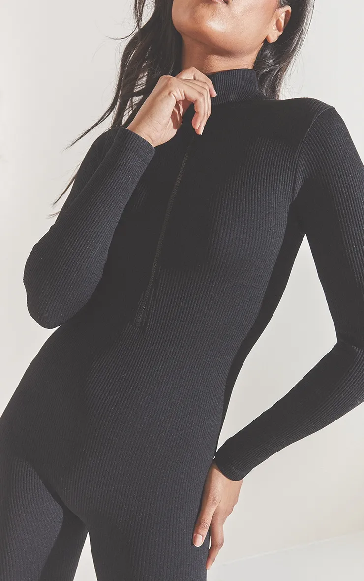 Black Structured Contour Rib Zip Jumpsuit sold by Pretty Little Thing product image thumbnail 4
