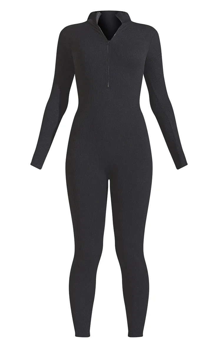 Black Structured Contour Rib Zip Jumpsuit sold by Pretty Little Thing product image thumbnail 5