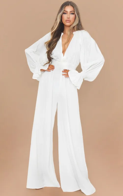 White Shirred Neck Balloon Sleeve Chiffon Jumpsuit sold by Pretty Little Thing