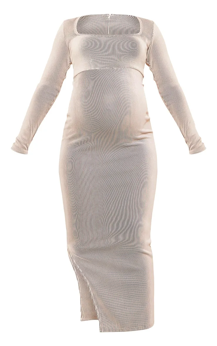 Maternity Cream Ribbed Long Sleeve Side Split Maxi Dress sold by Pretty Little Thing product image thumbnail 5