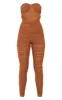 Chocolate Corset Detail Mesh Ruched Bandeau Jumpsuit sold by Pretty Little Thing