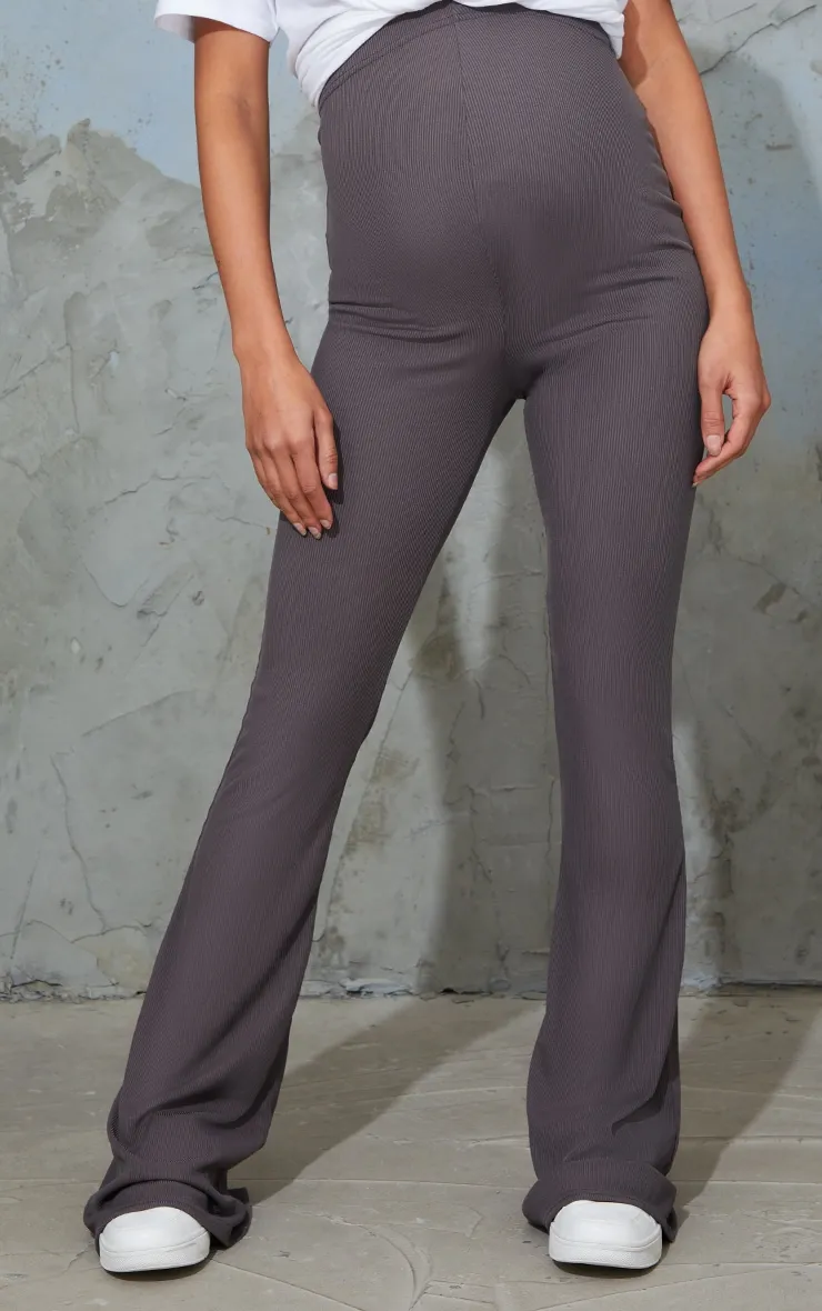 Maternity Slate Ribbed Flared Leggings sold by Pretty Little Thing product image thumbnail 2