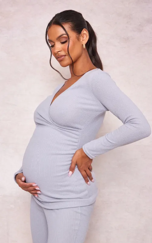 Maternity Grey Brushed Rib Ruched Top sold by Pretty Little Thing