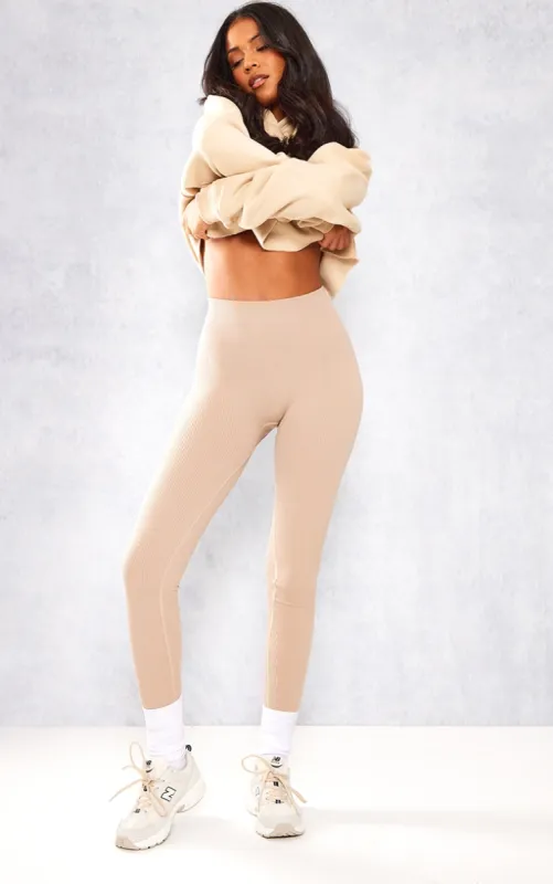 Tall Stone Structured Contour Rib Leggings sold by Pretty Little Thing