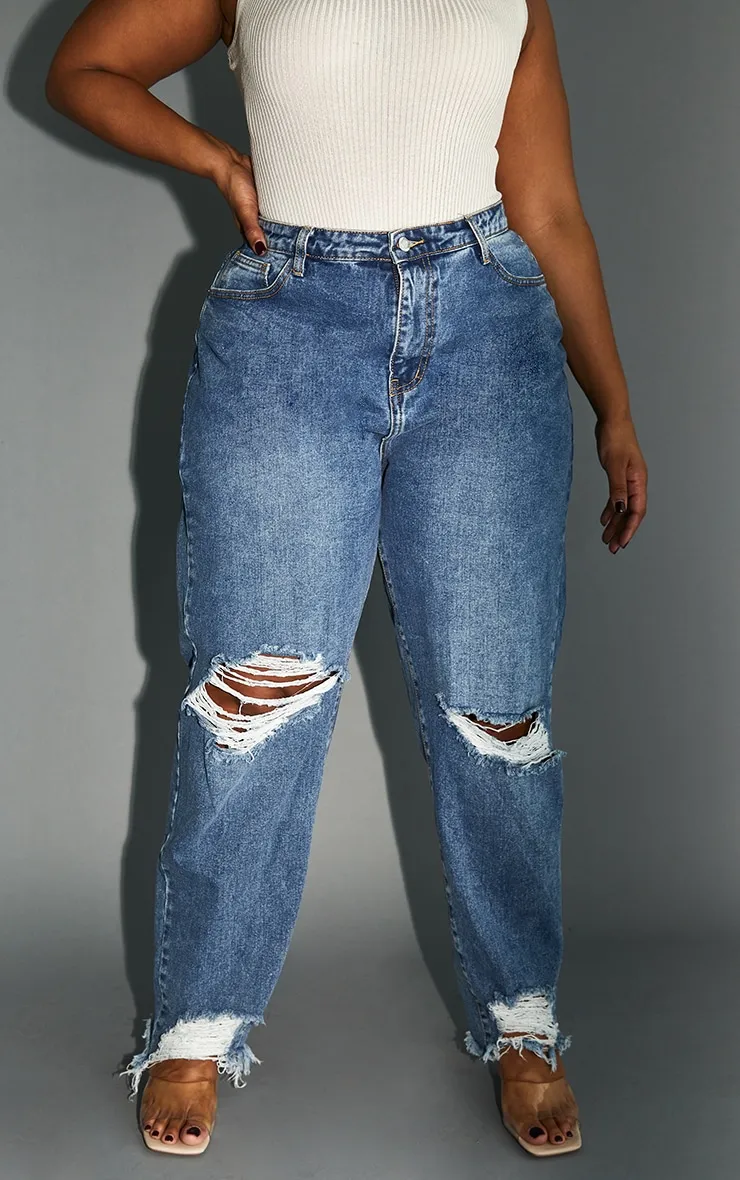 PRETTYLITTLETHING Plus Mid Blue Extreme Ripped Hem Knee Rip Mom Jeans sold by Pretty Little Thing product image thumbnail 2