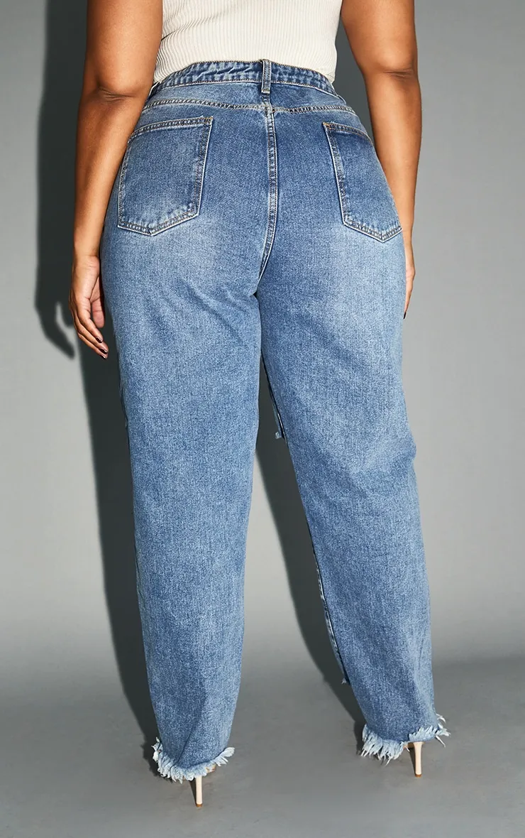 PRETTYLITTLETHING Plus Mid Blue Extreme Ripped Hem Knee Rip Mom Jeans sold by Pretty Little Thing product image thumbnail 3