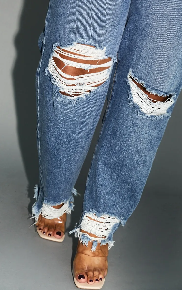PRETTYLITTLETHING Plus Mid Blue Extreme Ripped Hem Knee Rip Mom Jeans sold by Pretty Little Thing product image thumbnail 4