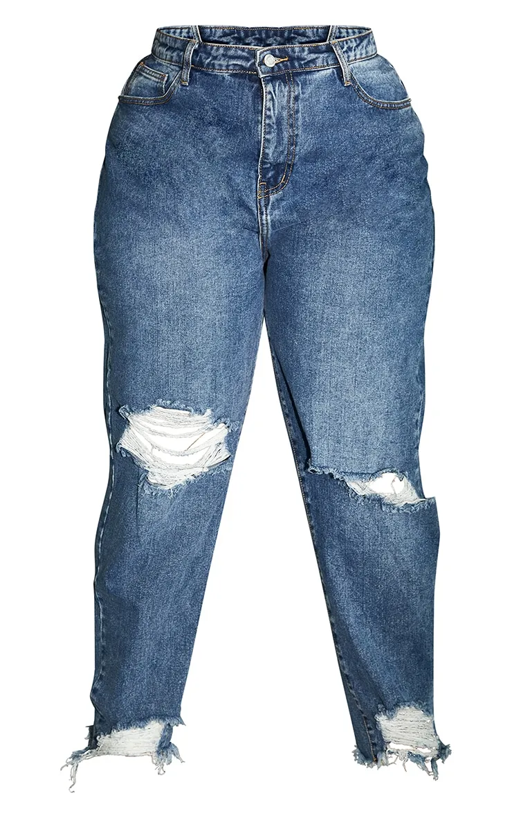 PRETTYLITTLETHING Plus Mid Blue Extreme Ripped Hem Knee Rip Mom Jeans sold by Pretty Little Thing product image thumbnail 5