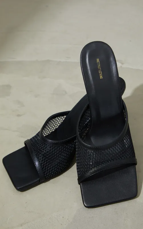 Black PU Square Toe Fish Net Low Heeled Mules sold by Pretty Little Thing