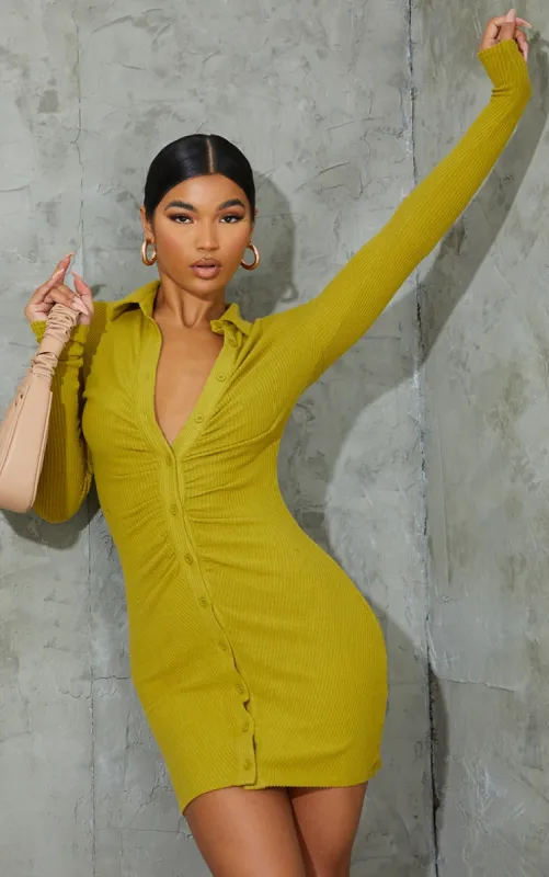 Chartreuse Brushed Rib Long Sleeve Ruched Shirt Dress made by Pretty Little Thing