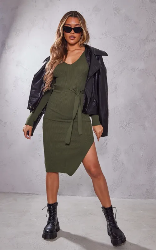 Khaki V Neck Belted Long Sleeve Split Midi Dress made by Pretty Little Thing