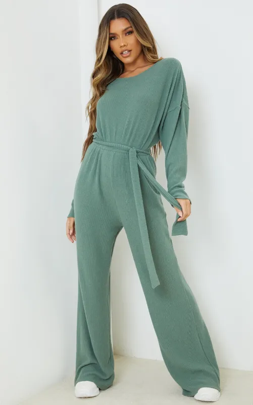 Washed Green Brushed Rib Oversized Tie Waist Jumpsuit sold by Pretty Little Thing