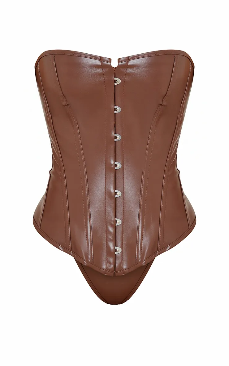 Chocolate Faux Leather Front Hook & Eye Corset Set sold by Pretty Little Thing product image thumbnail 5