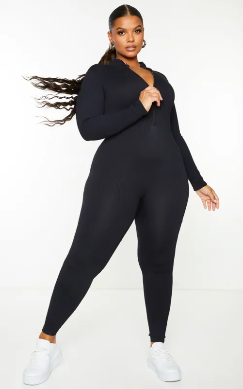 Plus Black Structured Contour Rib High Neck Jumpsuit sold by Pretty Little Thing