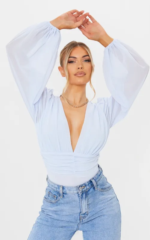 Light Blue Mesh Ruched Waistband Bodysuit sold by Pretty Little Thing