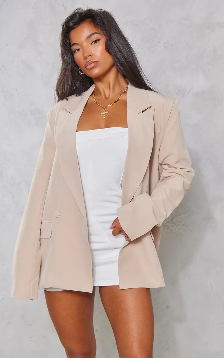 Stone Double Breasted Oversized Boxy Fit Blazer sold by Pretty Little Thing