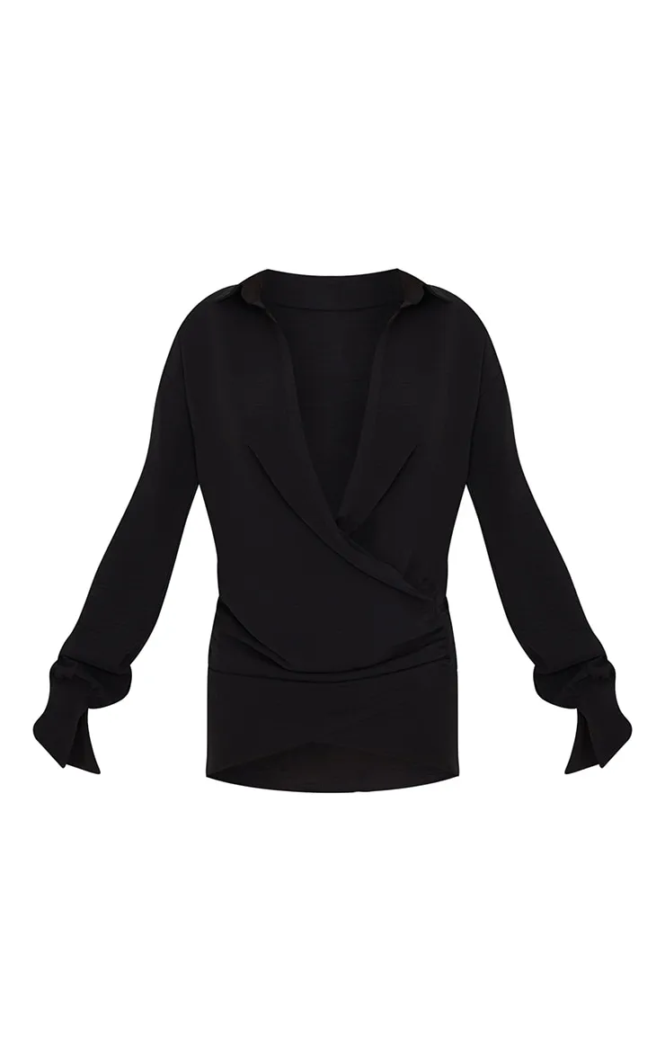 Black Textured Woven Extreme Plunge Bell Cuff Shirt Dress sold by Pretty Little Thing product image thumbnail 5